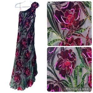 🇨🇦 Vintage Frascara Velvet Burnout Silk Sequin Asymmetrical Maxi Dress 12 Fairy